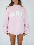 Women's varsity mock neck fleece top in soft pink, front view
