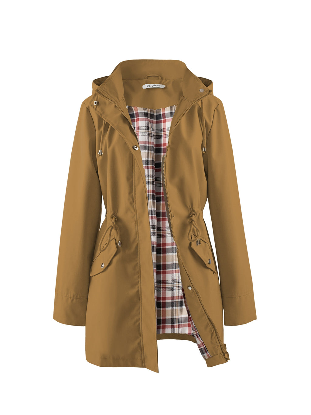 Hooded drawstring waist zip up coat with fully lined