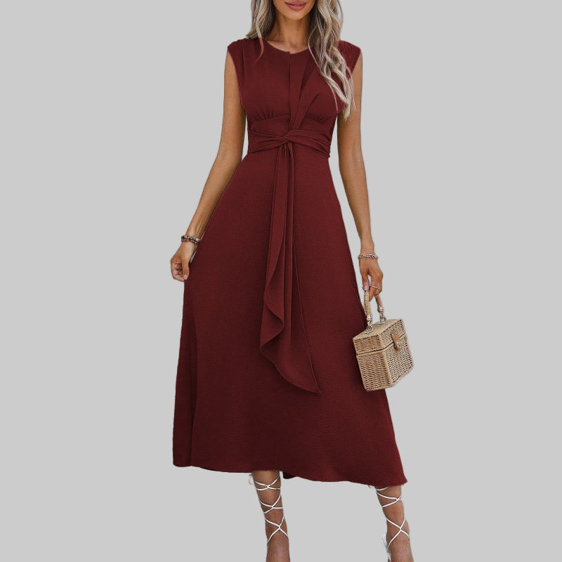 Belted A-line midi dress, full-length front view