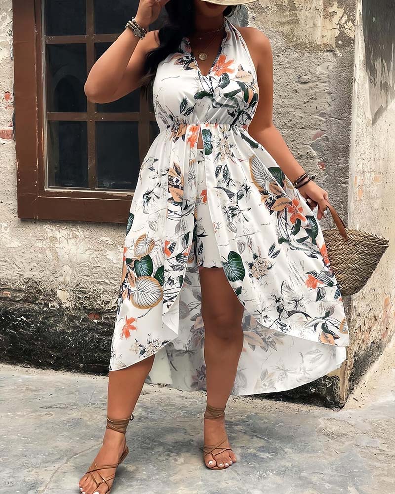 Printed halter neck two piece mini dress set, full view