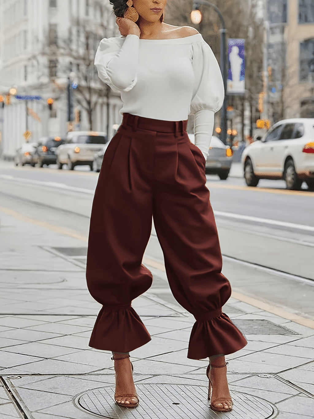 Fern Green high-waisted wide-leg ruffled-hem Trousers