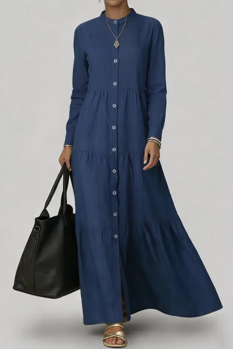 Denim maxi dress in navy blue, stand collar and button placket detail | Alba Muse