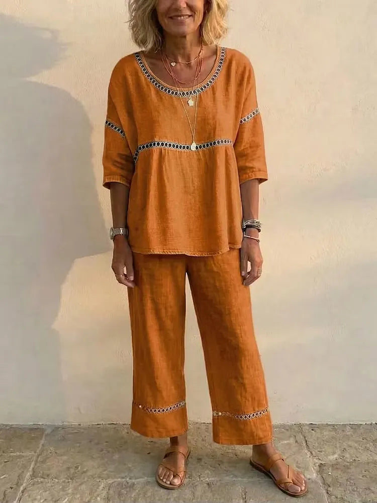 Vintage eyelet linen co-ord set in green, artisan boho two-piece | Alba Muse