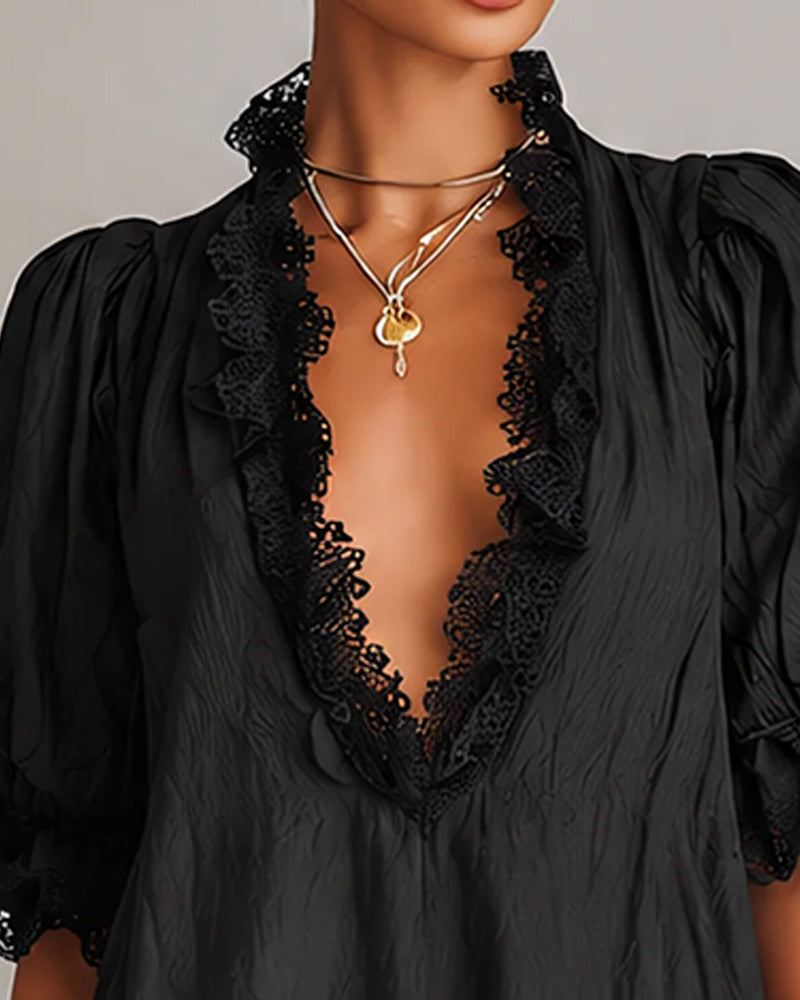 Asymmetrical lace patchwork mini dress, back view