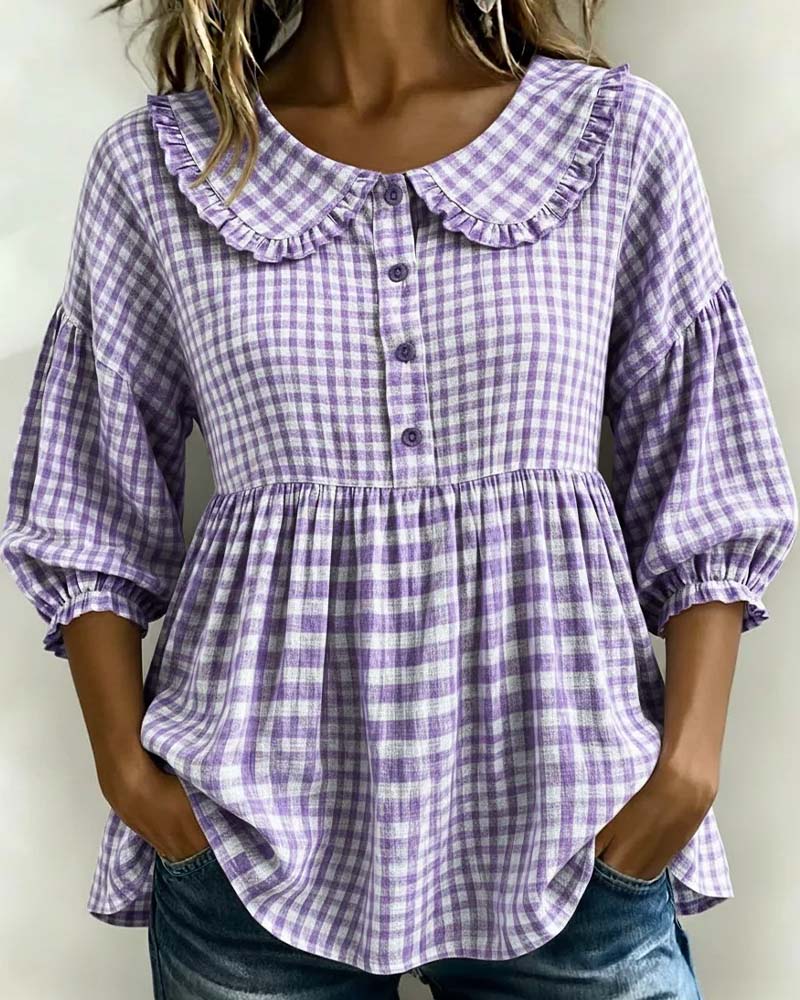 Peter Pan collar blouse in plaid, side view