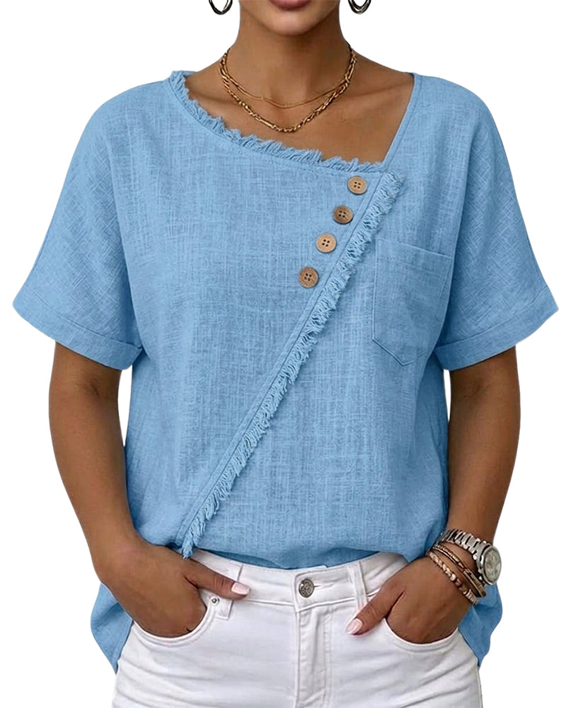Raw edge bias cut short sleeve blouse, full view