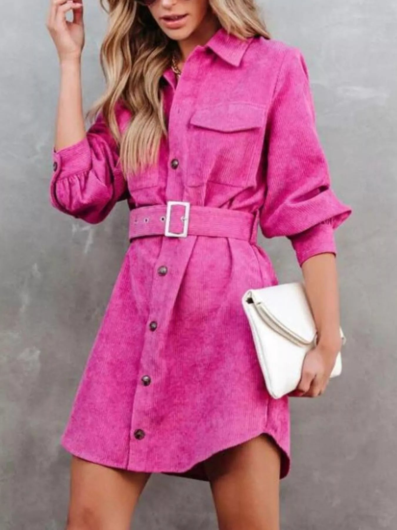 Rose Red Corduroy Shirt Shirt Dress
