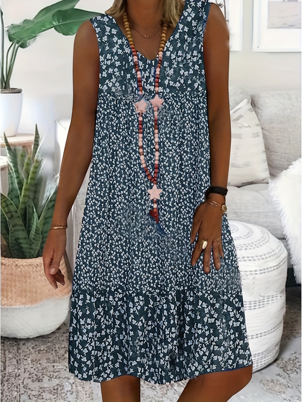 Directional print V-neck sleeveless summer midi dress | Alba Muse