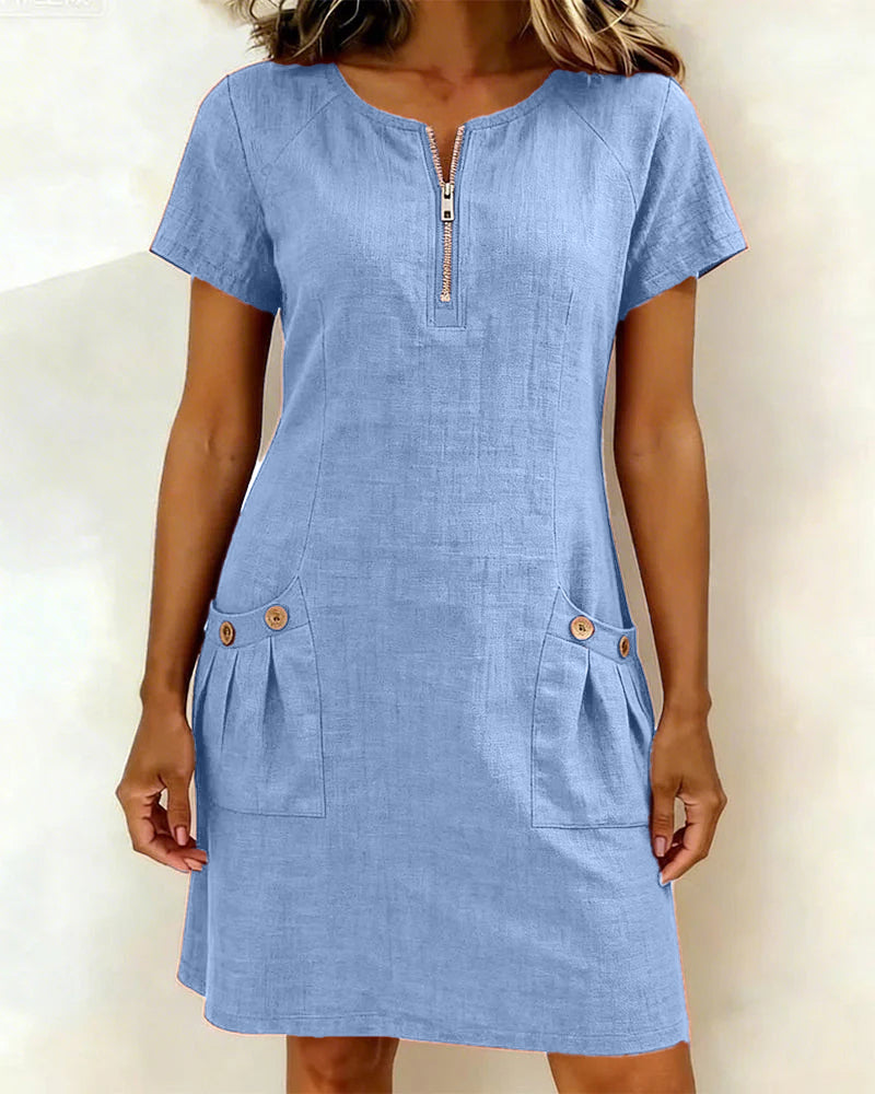 Round neck cotton linen dress, full length view