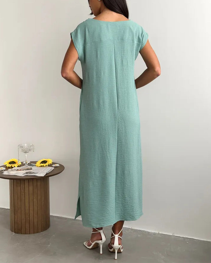 Round neck short sleeve loose maxi dress, side view