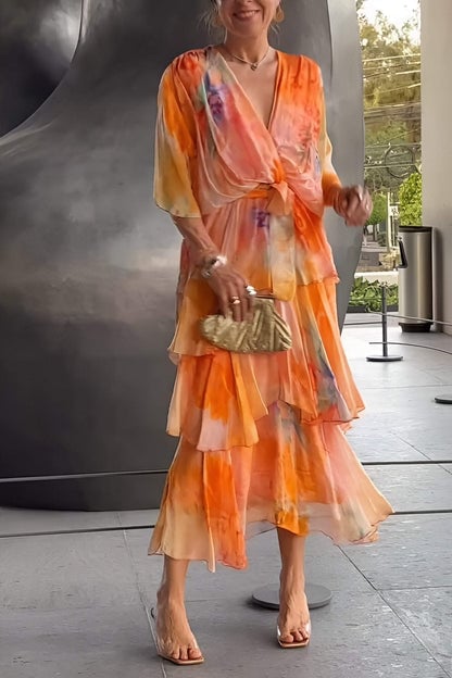 Bohemian maxi dress three-quarter view outdoor