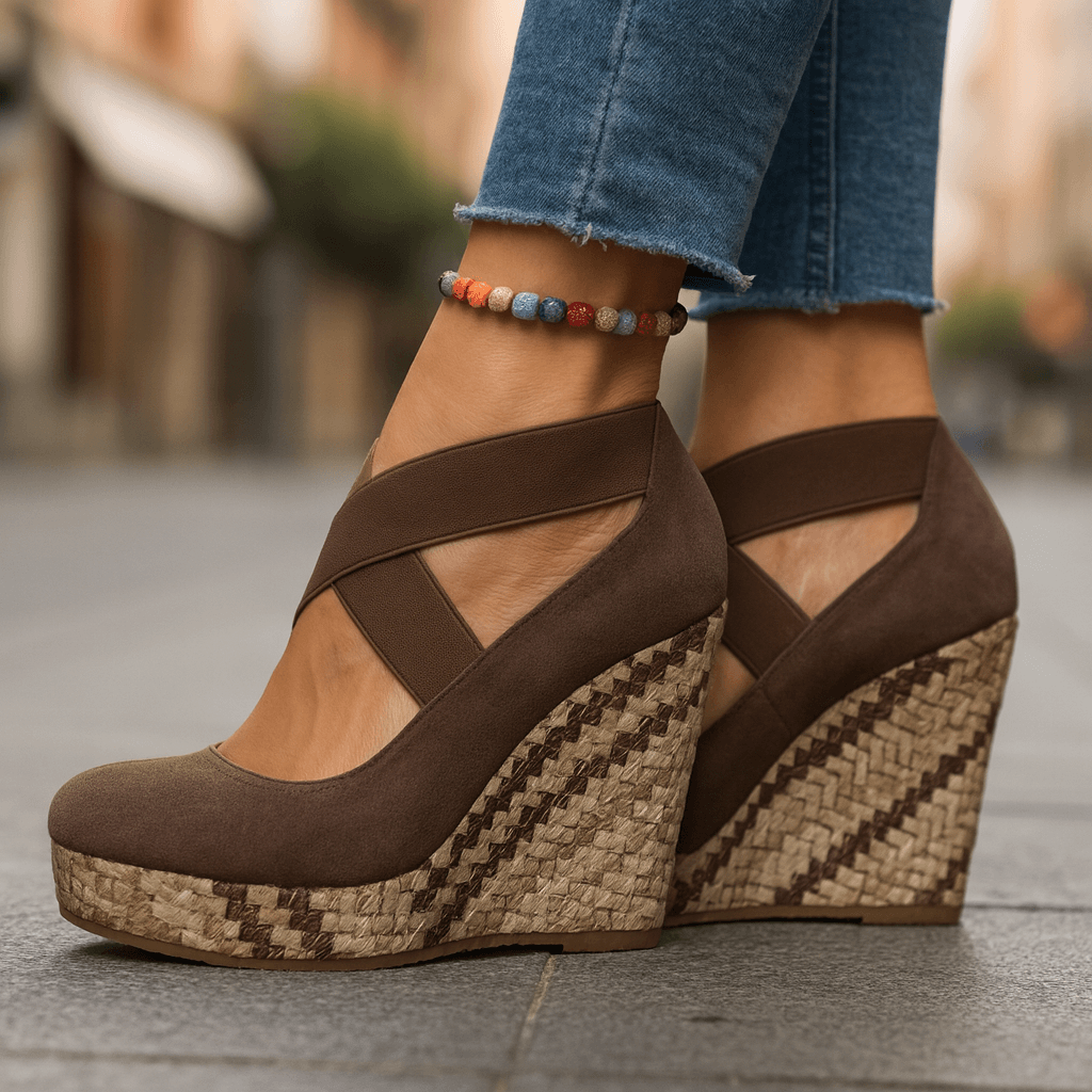 Brown Crisscross Platform Wedges, front view