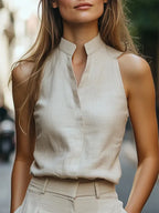 Women's linen blend stand collar sleeveless camisole top in sage green, front view