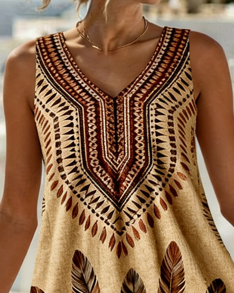 Sleeveless V-neck ethnic print dress, side view