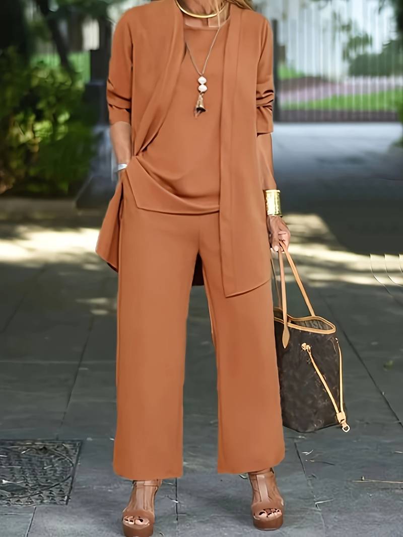 Women's Open-Front Jacket Wide-Leg 3-Piece Co-Ord Set side view - Elegant Smart-Casual Set