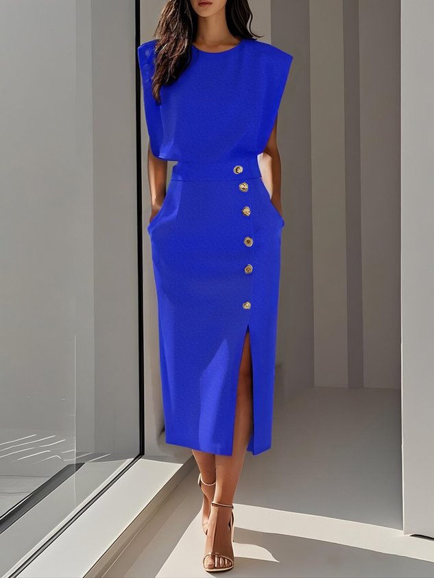 Solid Midi Dress with Button Slit