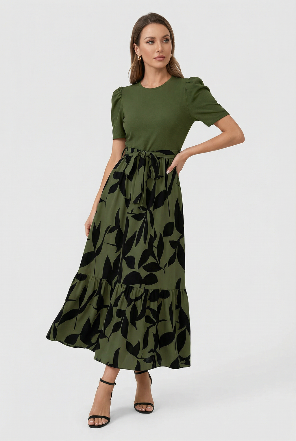 Floral A-line maxi dress with round neck, second colourway front view