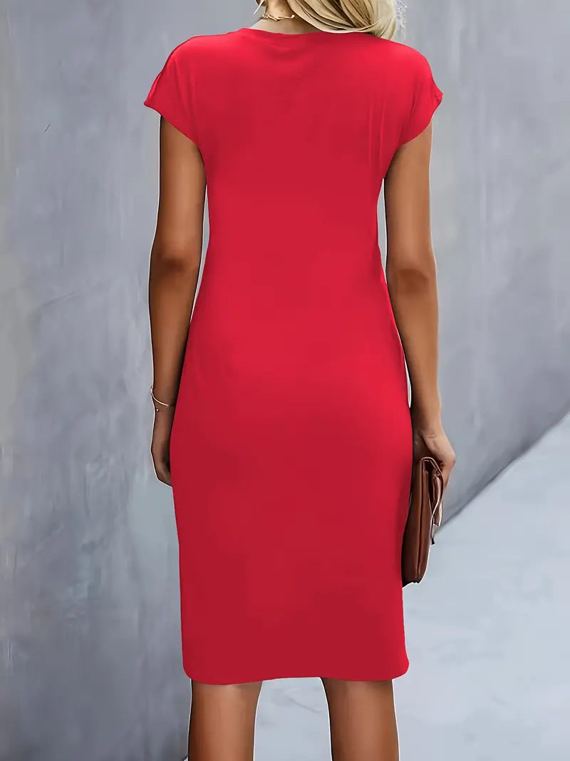 Side view of women's classic short sleeve bodycon dress