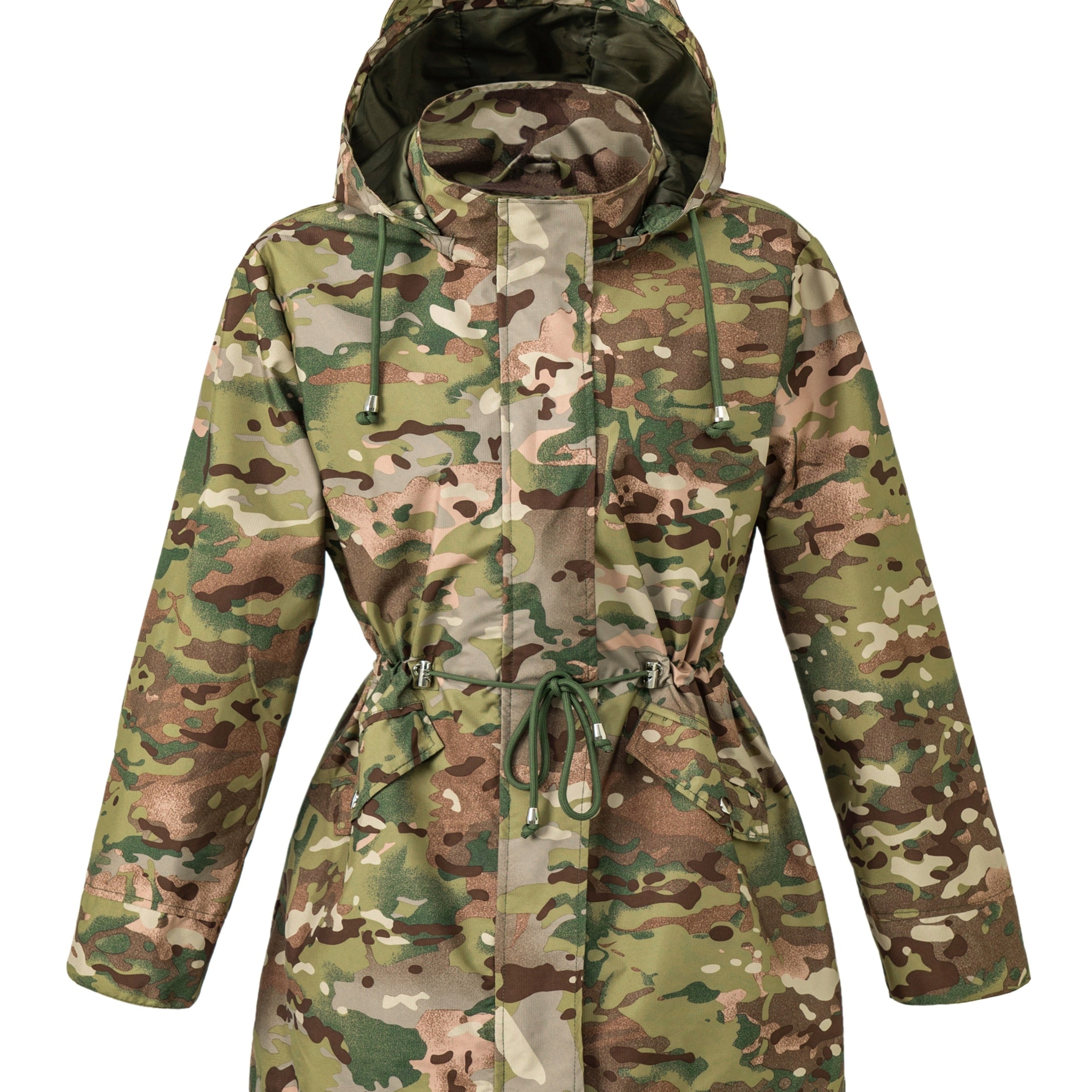 Hooded drawstring waist zip up coat with a zip up placket front in Multicoloured