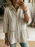 Patchwork openwork linen cotton shirt in sky blue, artisan detail | Alba Muse