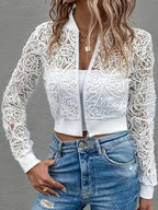 Women's lace embroidered bomber jacket, three-quarter view
