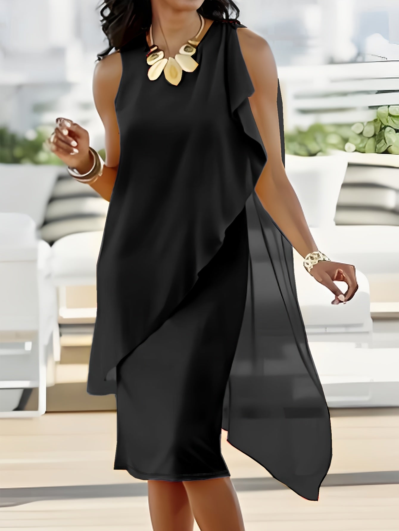 Sleeveless Chiffon Faux Two-Piece Dress in Khaki, side view