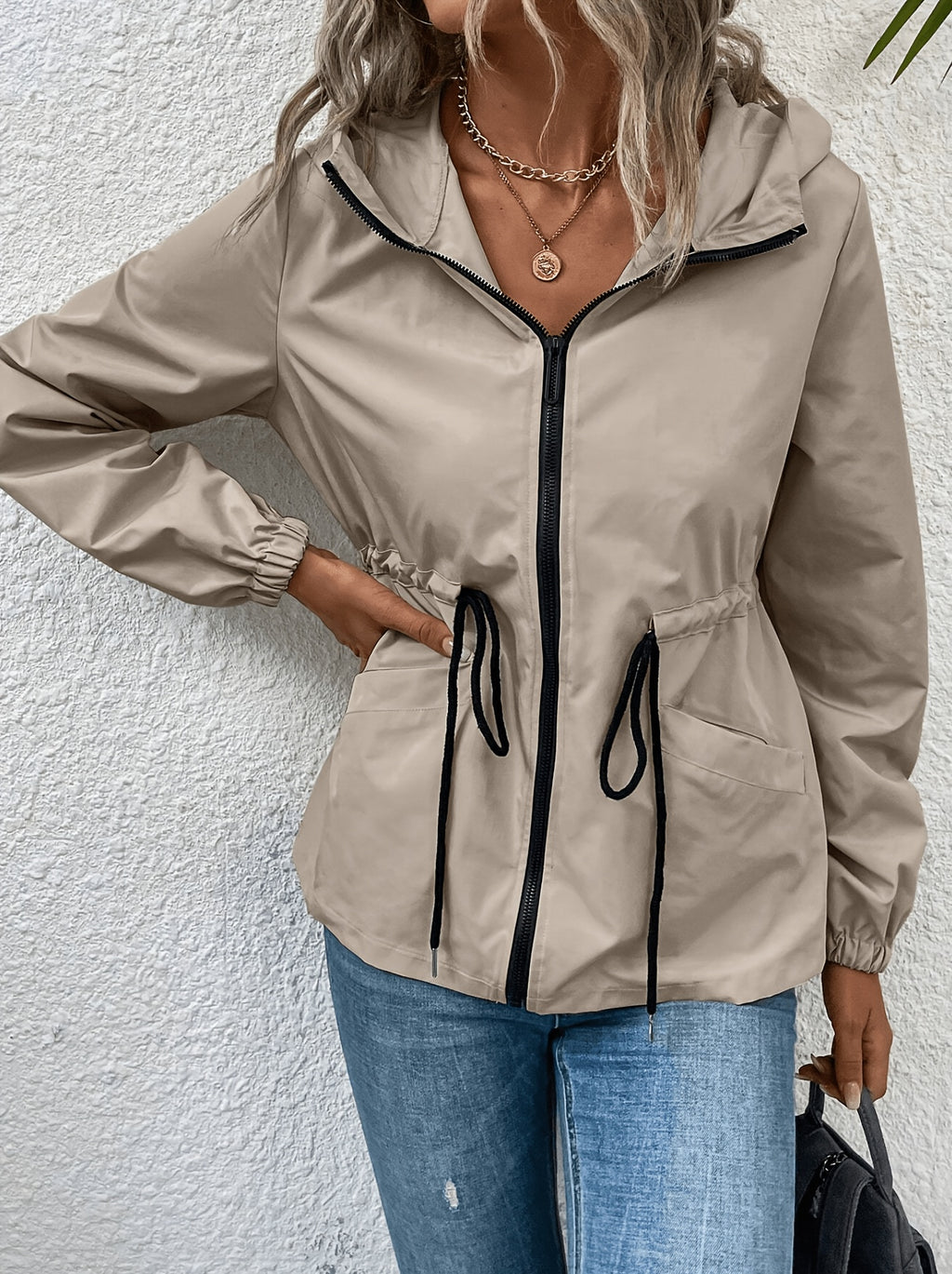 Khaki hooded drawstring-waist coat