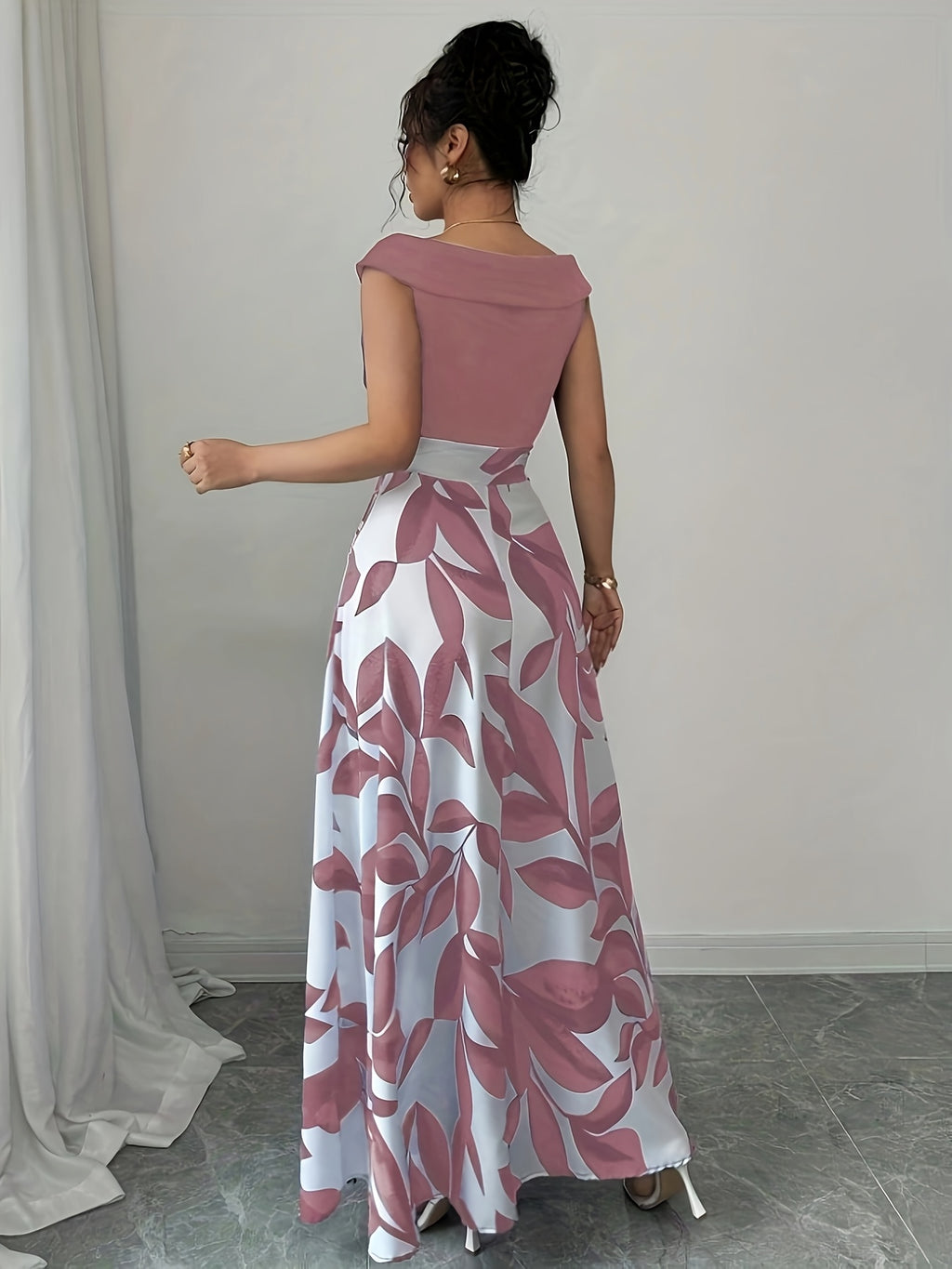 V-Neck Floral Print A-Line Maxi Dress in Blue, full length view