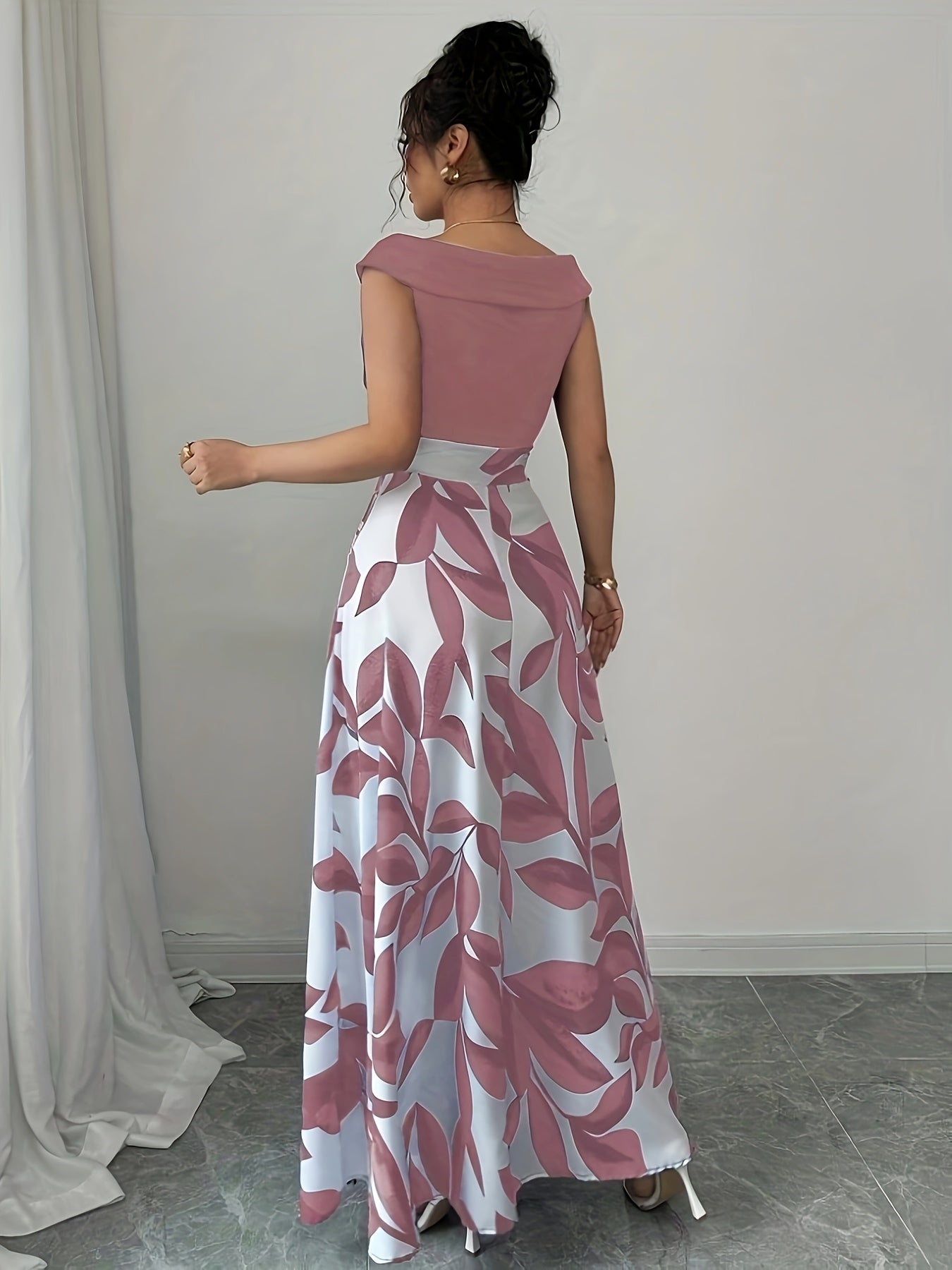 V-Neck Floral Print A-Line Maxi Dress in Blue, full length view