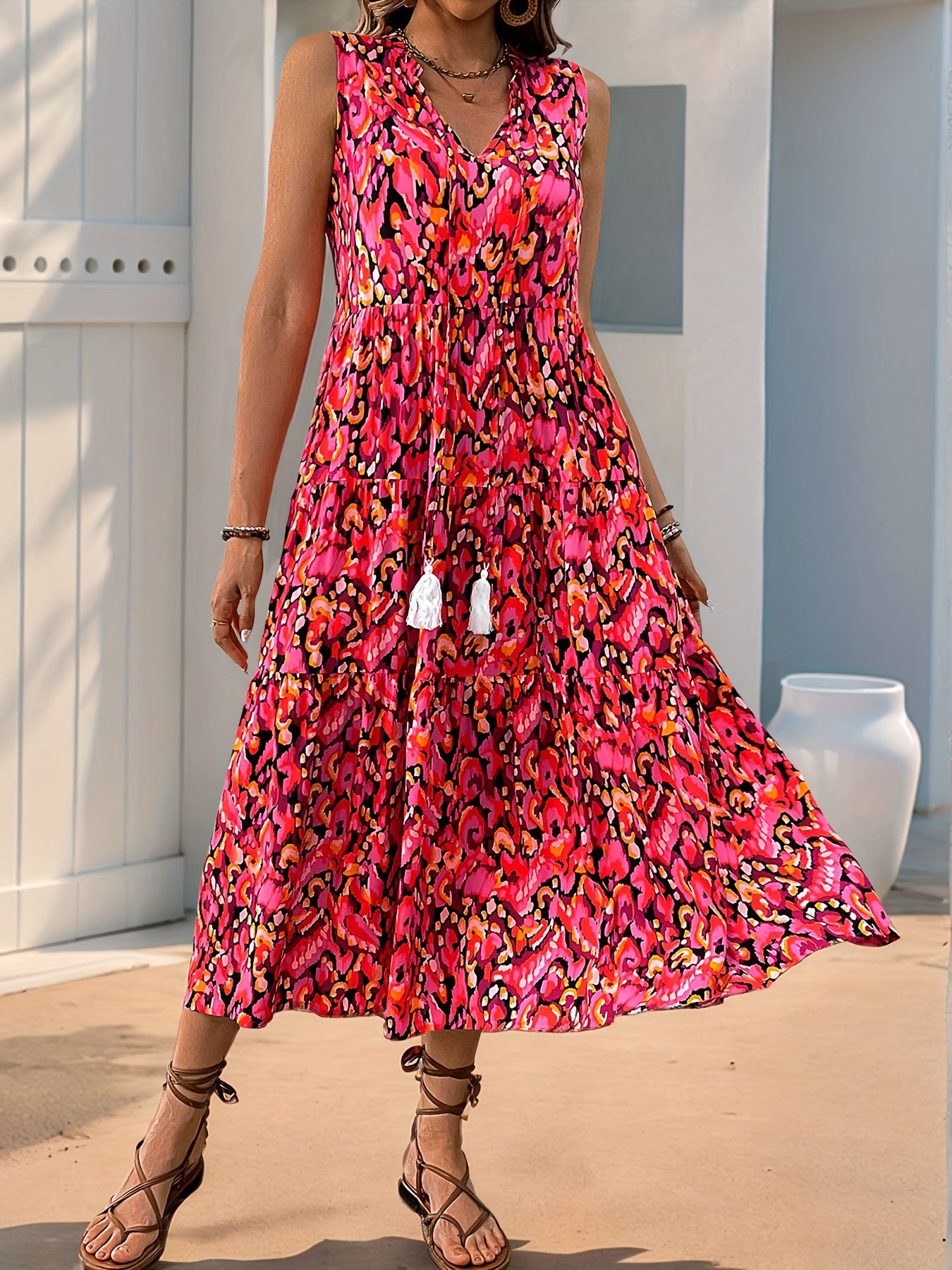 Sleeveless boho fringe tie-up printed midi dress | Alba Muse