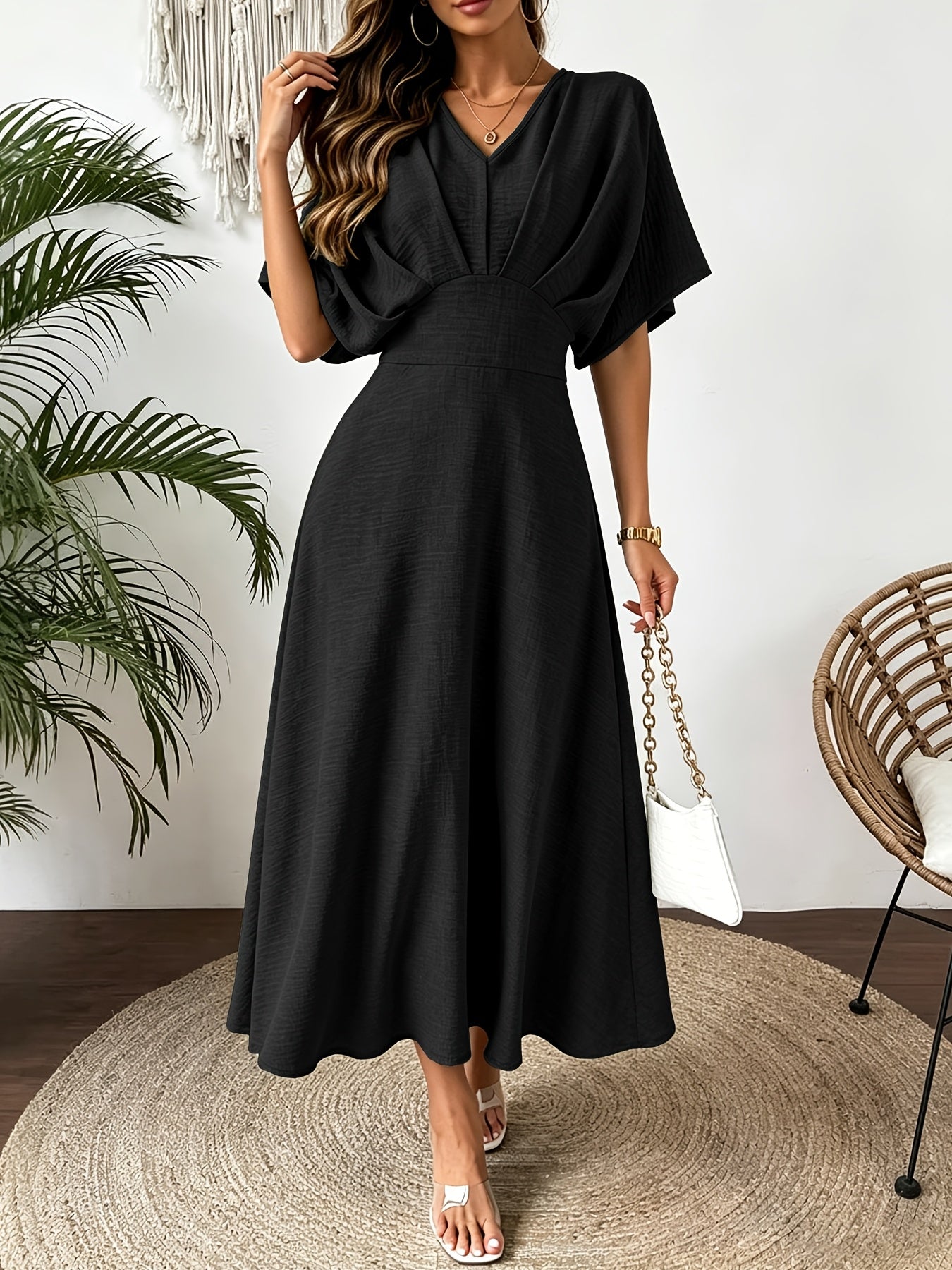 Batwing Sleeve Ruffle V-Neck Midi Dress