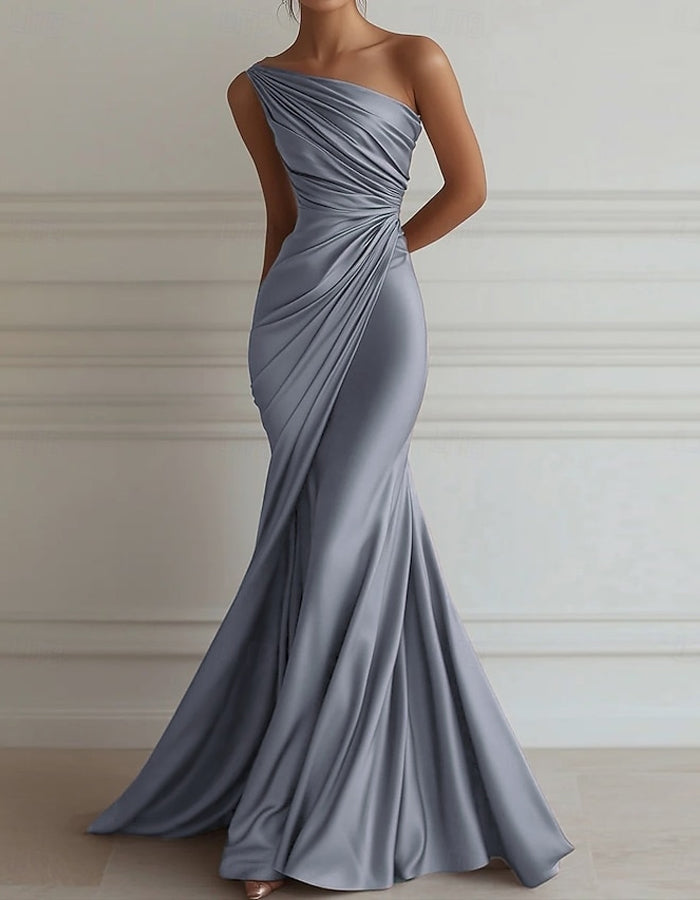 One-Shoulder Stretch Satin Pleats Maxi Dress