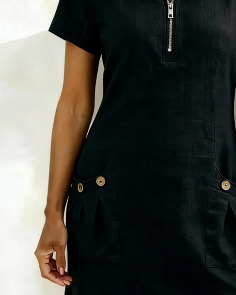 Round Neck Short Sleeve Pocket Zip Cotton Linen Dress