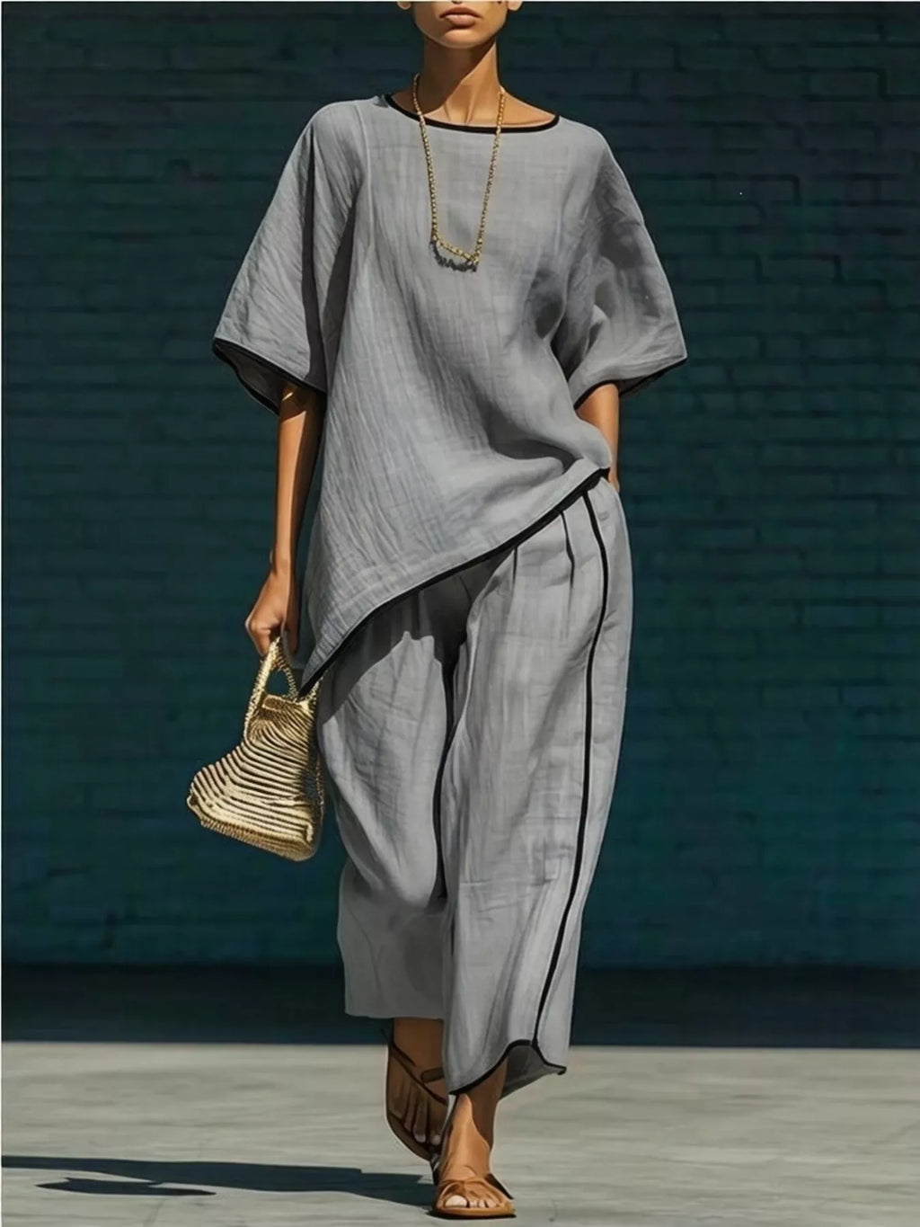 Contrast Trim Round Neck Top & Trousers Co-ord Set