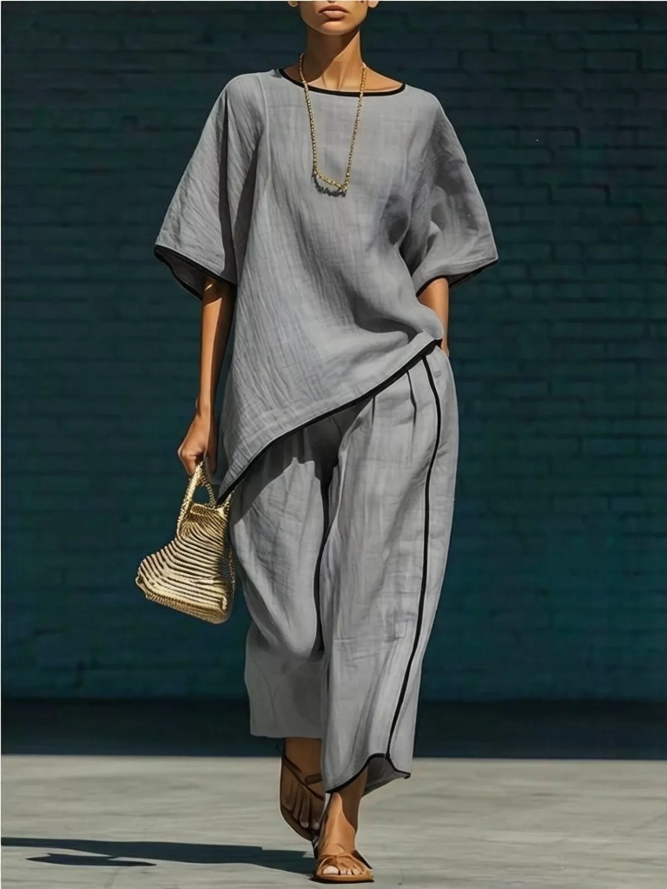 Contrast Trim Round Neck Top & Trousers Co-ord Set