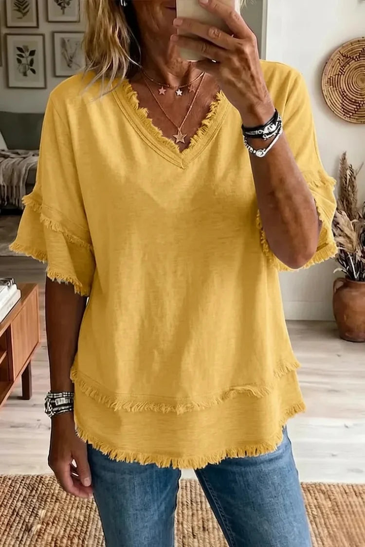 Raw hem linen blend top in yellow, breathable casual summer essential | Alba Muse