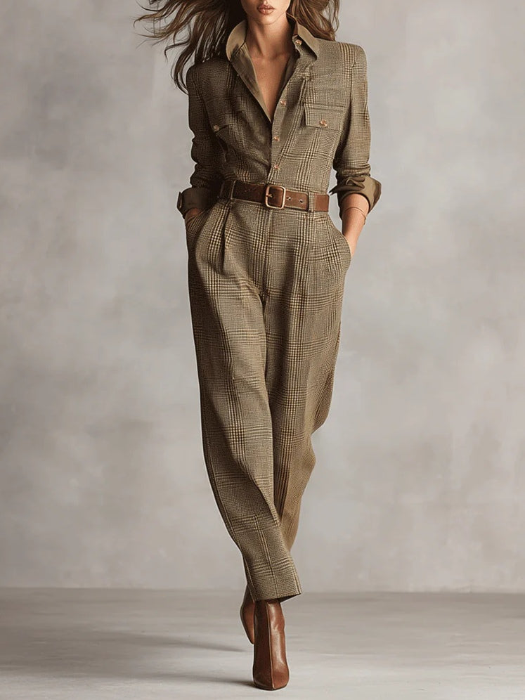 Brown Tweed Utility Jumpsuit
