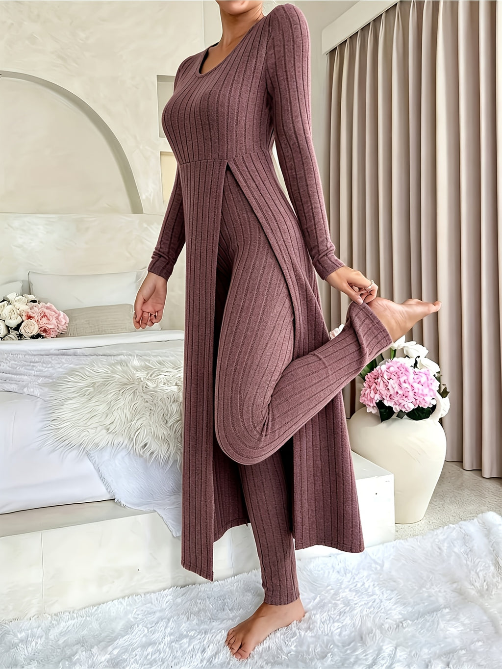 Grey ribbed long sleeve Loungewear Set