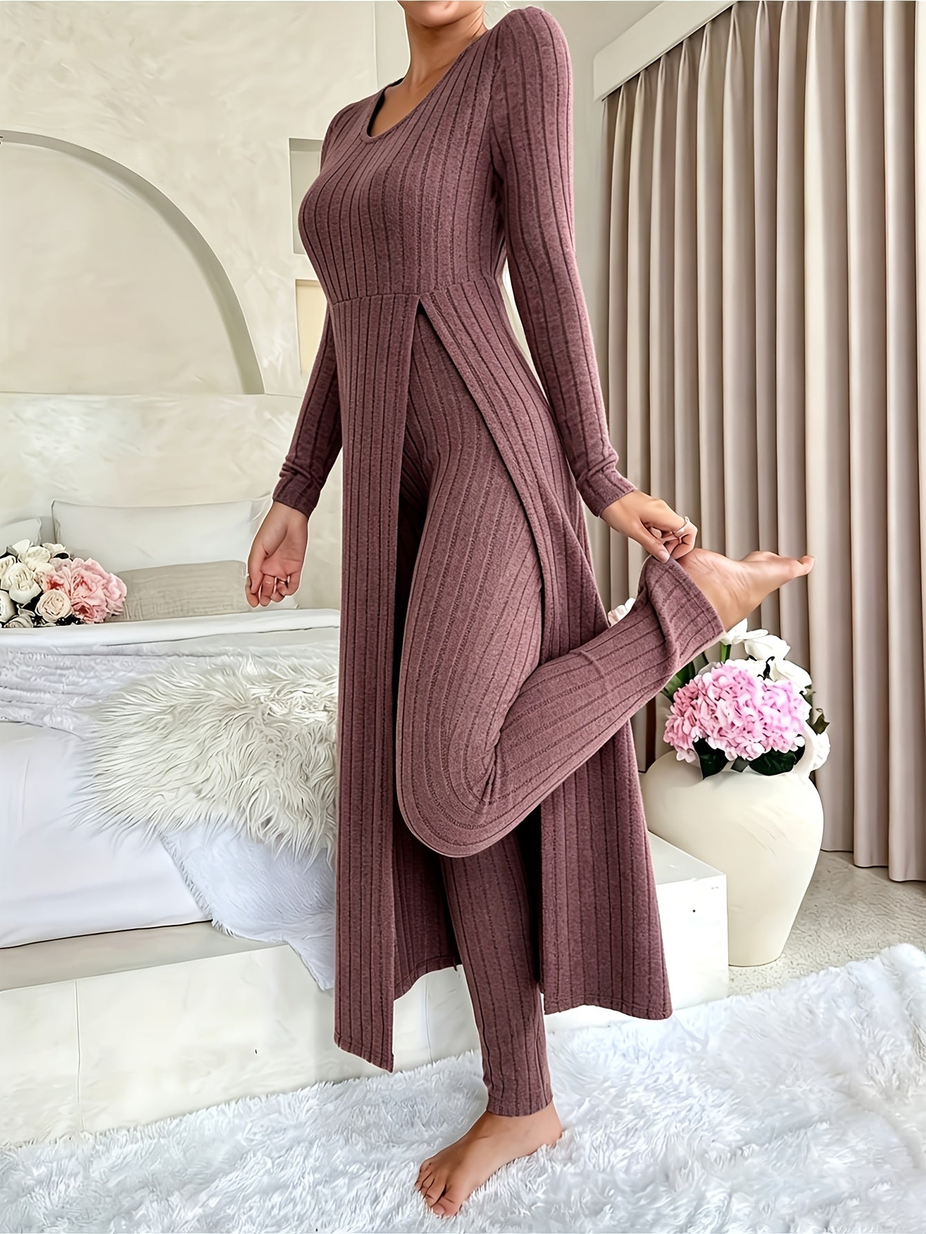 Grey ribbed long sleeve Loungewear Set
