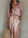 Women's satin shirt and wide leg trouser set in dusty pink, front view