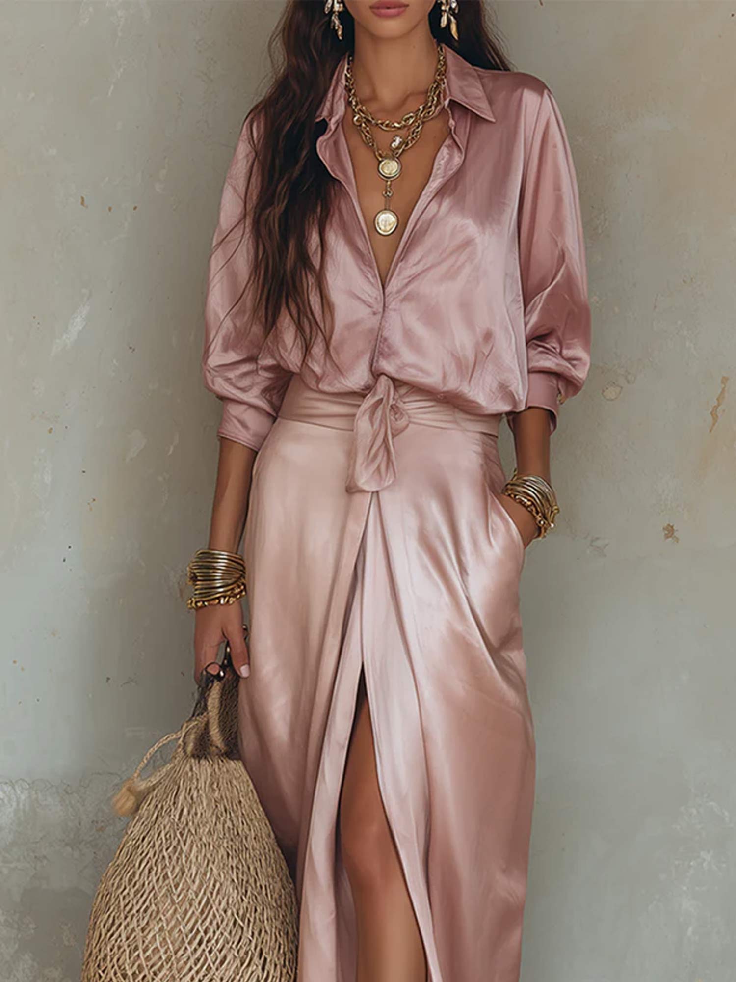 Women's satin shirt and wide leg trouser set in dusty pink, front view