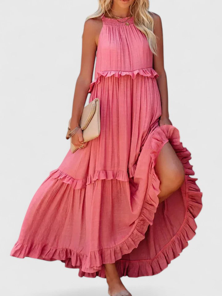 Sleeveless ruffle maxi dress in yellow, front view