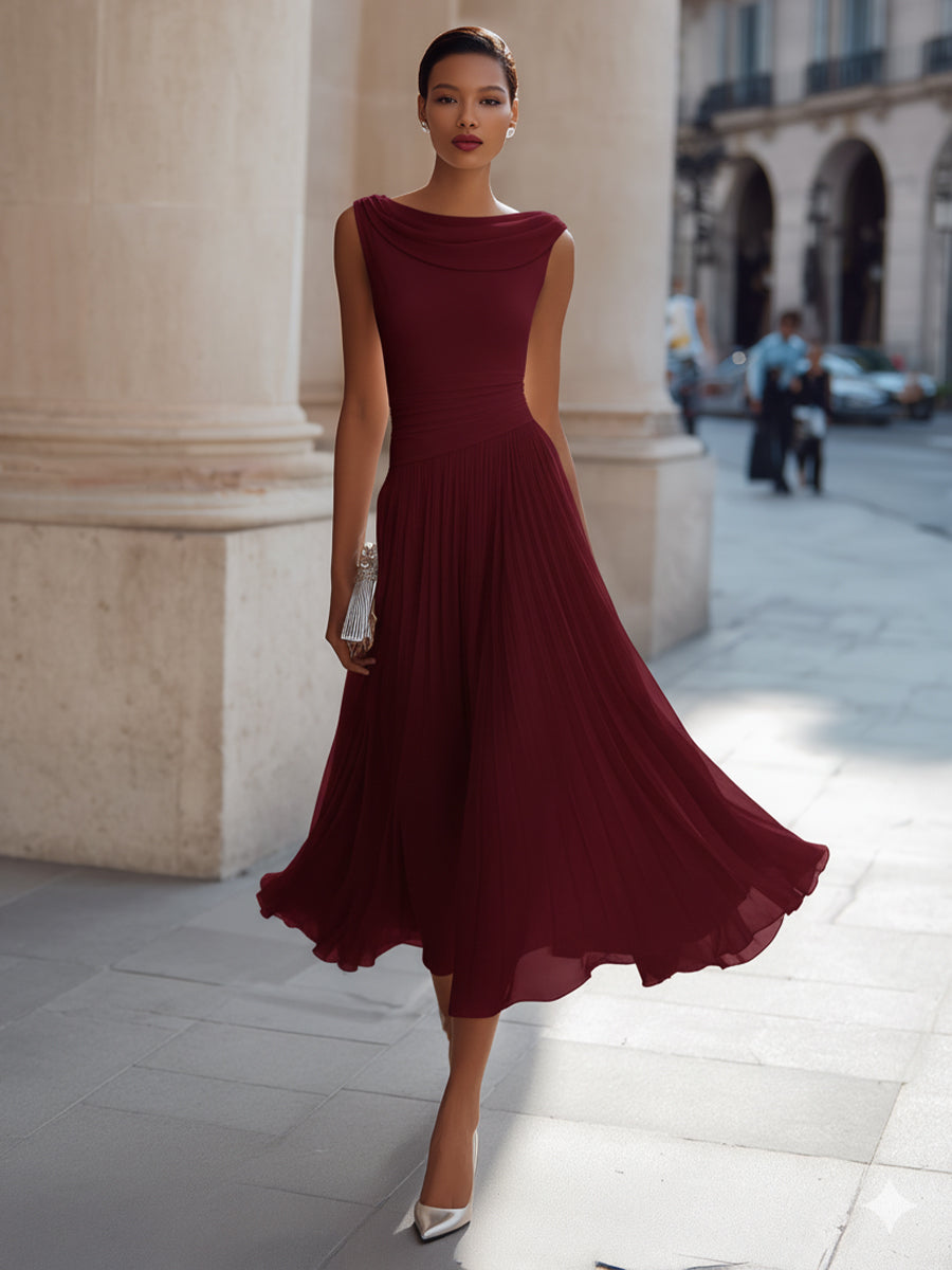 Draped neck sleeveless midi dress, back view in white