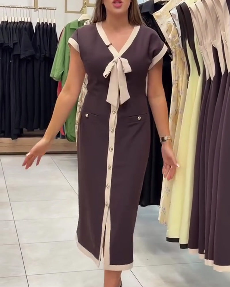 Coffee V-Neck Bow Detail Button-Front Midi Dress
