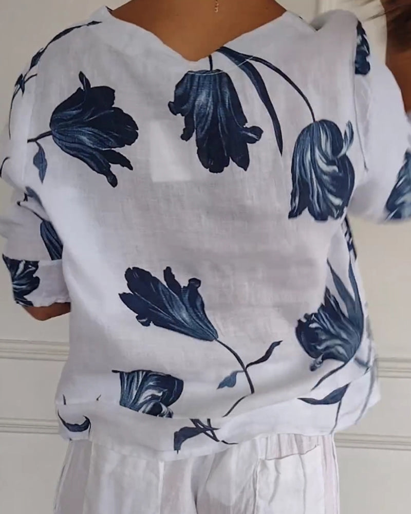 Floral cotton linen button blouse, detail view