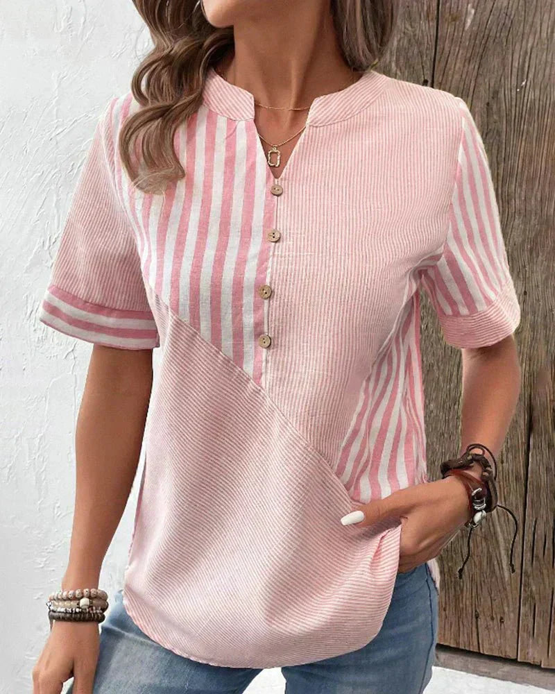 Stripe panel button-front blouse in pink, classic vertical stripe | Alba Muse
