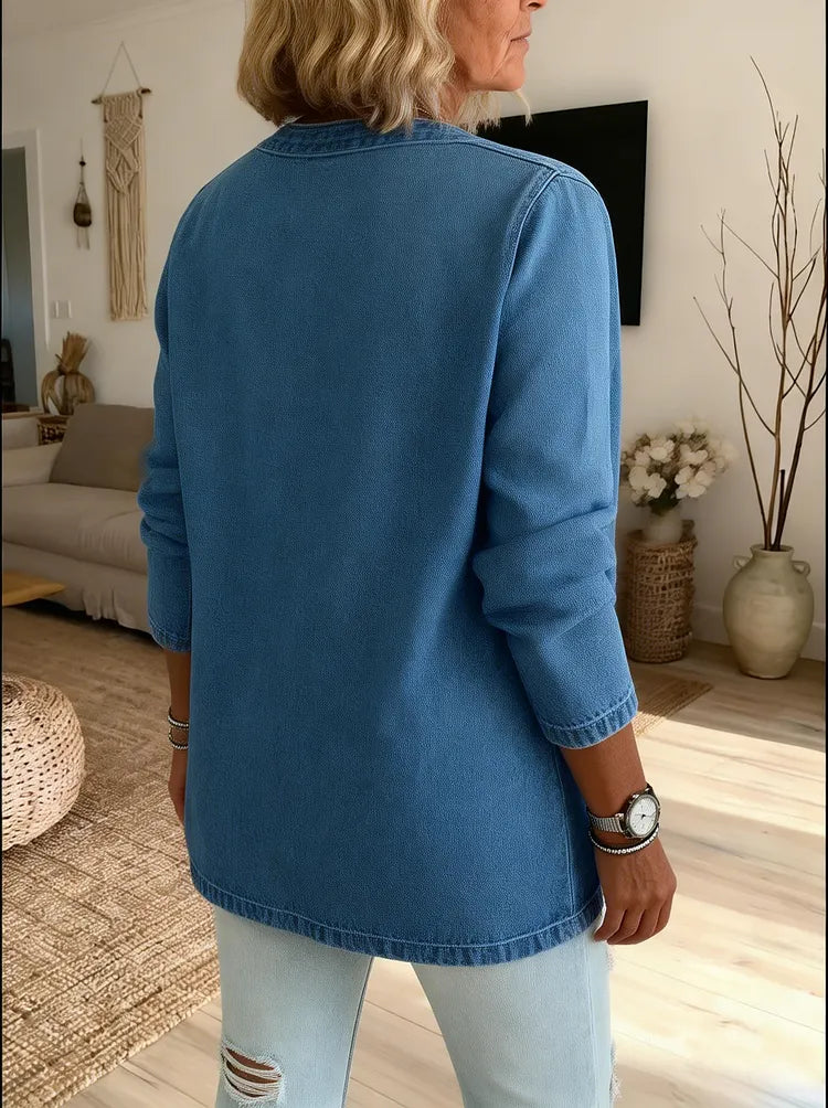 Classic denim jacket with pocket detail in blue, timeless casual layering | Alba Muse