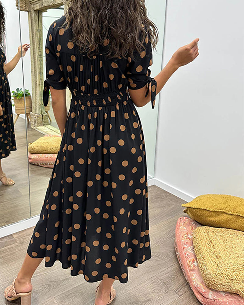 Dark Blue Polka Dot V-Neck Midi Dress | Alba Muse