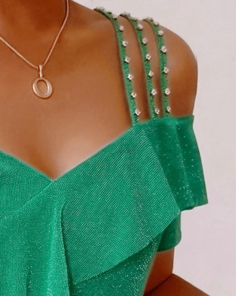 Off shoulder ruffle top with rhinestone straps, side view