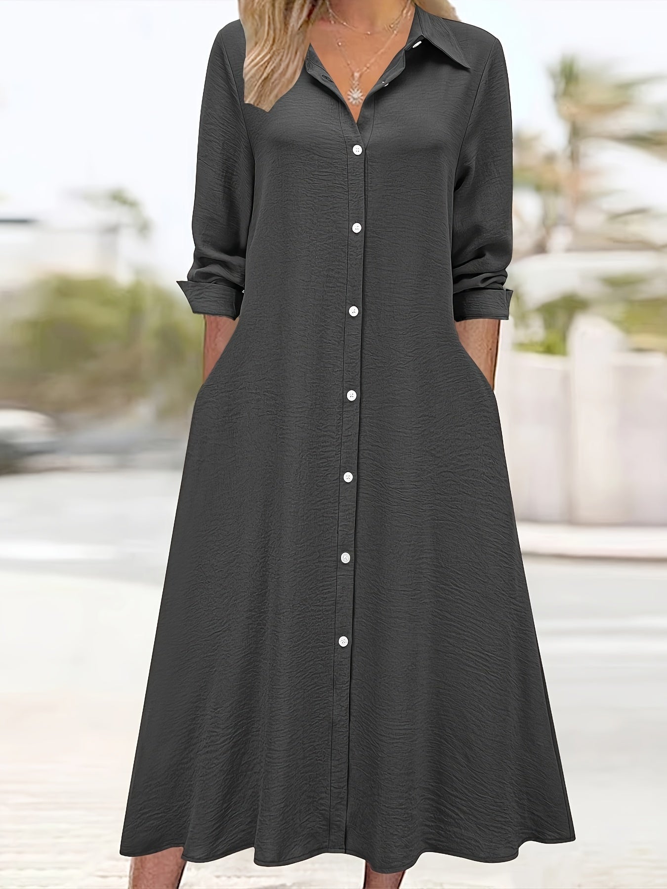 Long sleeve lapel button-front shirt dress | Alba Muse
